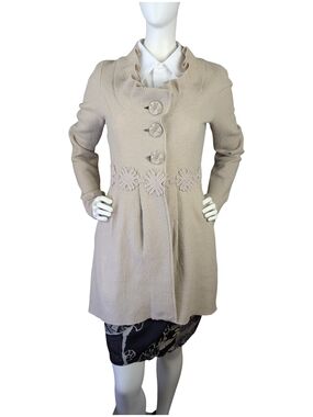 Charlie & Robin 100% Wool Ruffle Neck Beige Coat | Coquette Storybook | Size S